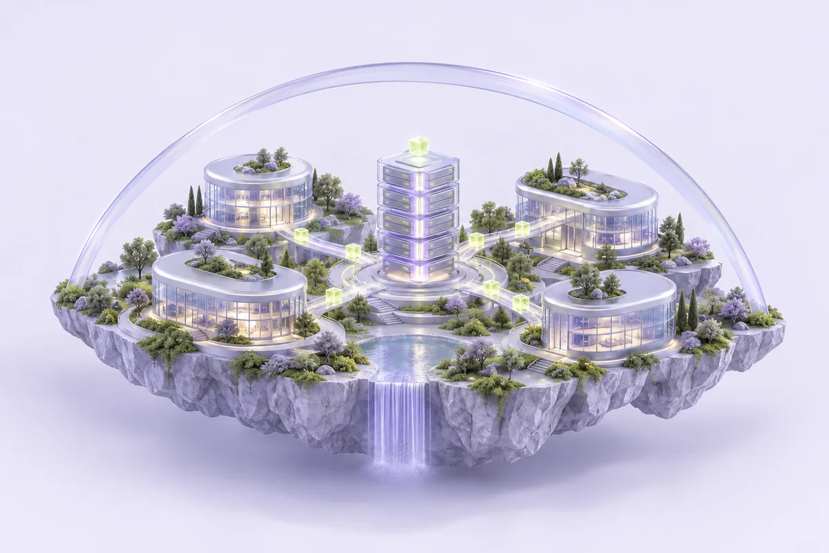 A silver and lavender business campus connected by data paths beneath a protective arch